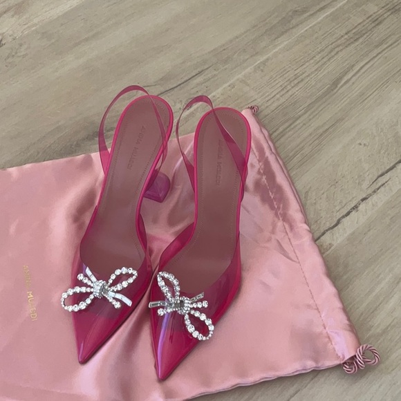 Amina Muaddi Pink Stiletto Heels with Rhinestone Bow - Picture 3 of 11